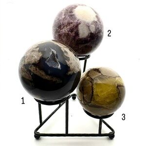 Set of 3 Crystal Spheres- Volcano Agate, Dream Amethyst & Septarian- with stand